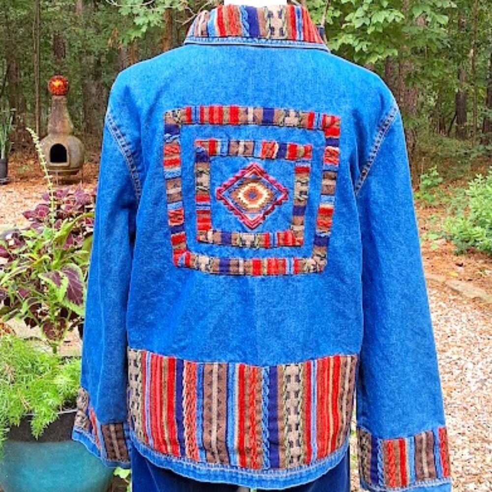 Christina Hope Vintage‎ Aztec Embroidered Detail Denim Barn Coat, 8